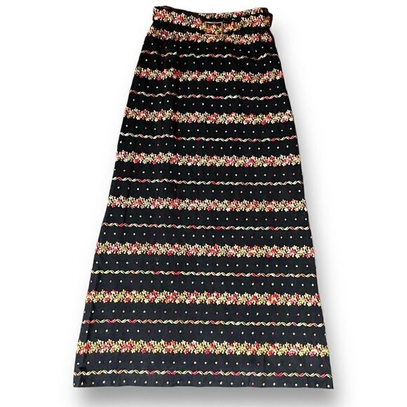 Vintage Dresses & Skirts - Vintage 1960s Malbe Womens Maxi Skirt XS Black Velvet Floral Embroidered Belted